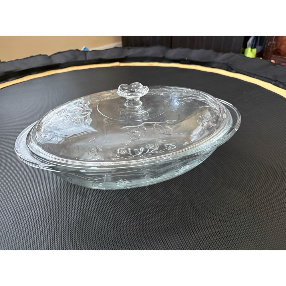 Vintage AnchorHocking SAVANNAH Floral Glass Oval 2 Qt Casserole Dish w/Lid 13x8"